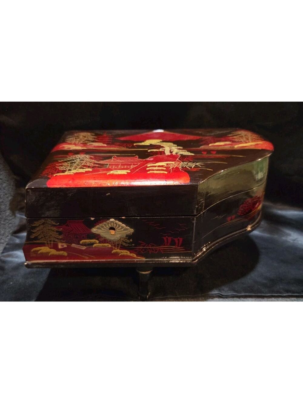 Vintage Japanese Black Lacquer Inlaid Wooden Jewelry Music Box Grand Piano Works